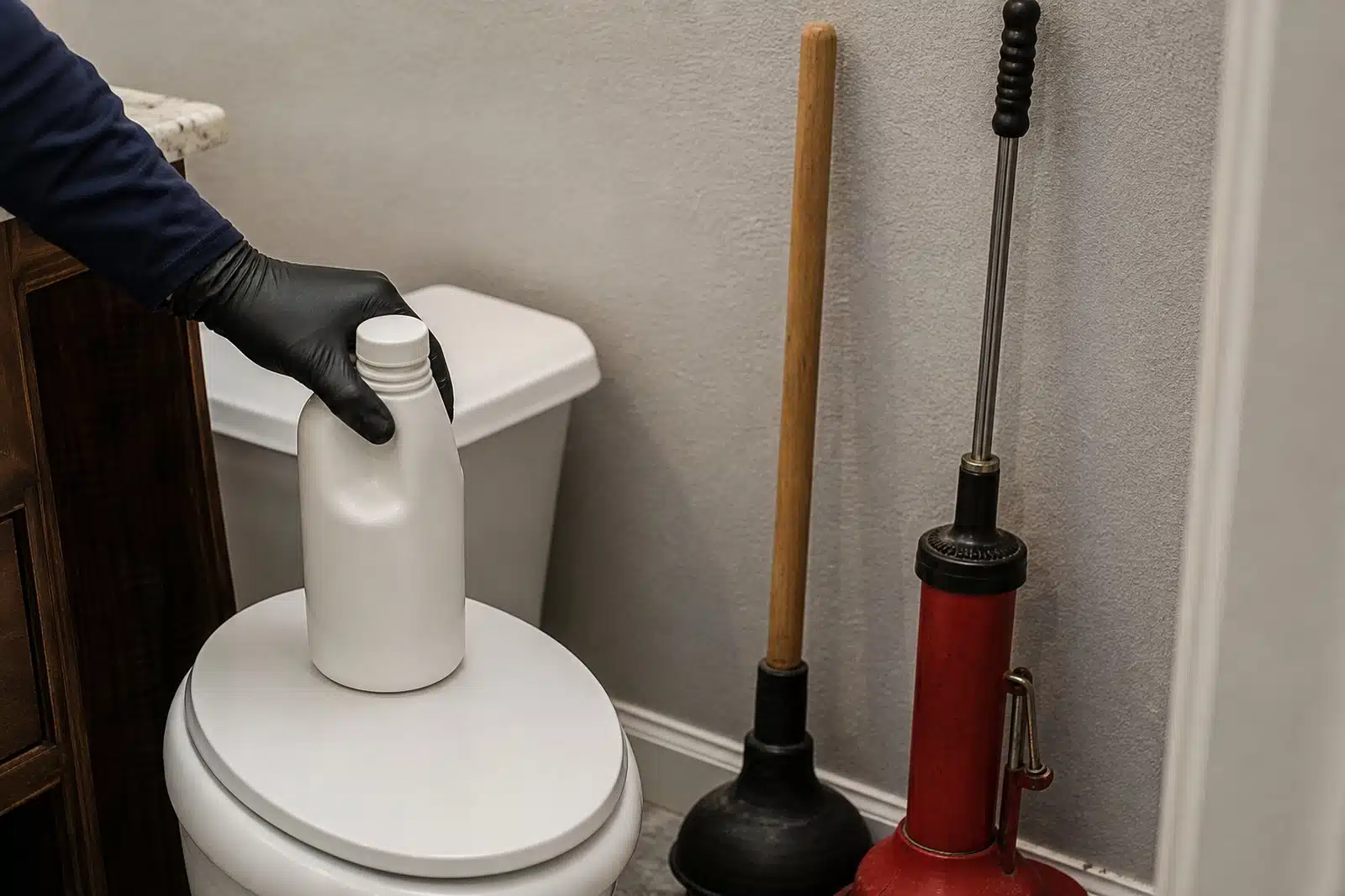 A gloved hand moving an unlabelled bottle of drain cleaner off a toilet lid, with a flange plunger and a closet auger standing ready against the bathroom wall.
