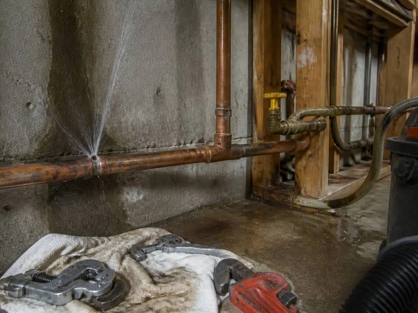 Wider view of the work area, leaking copper pipe being repaired in a Denver metro home