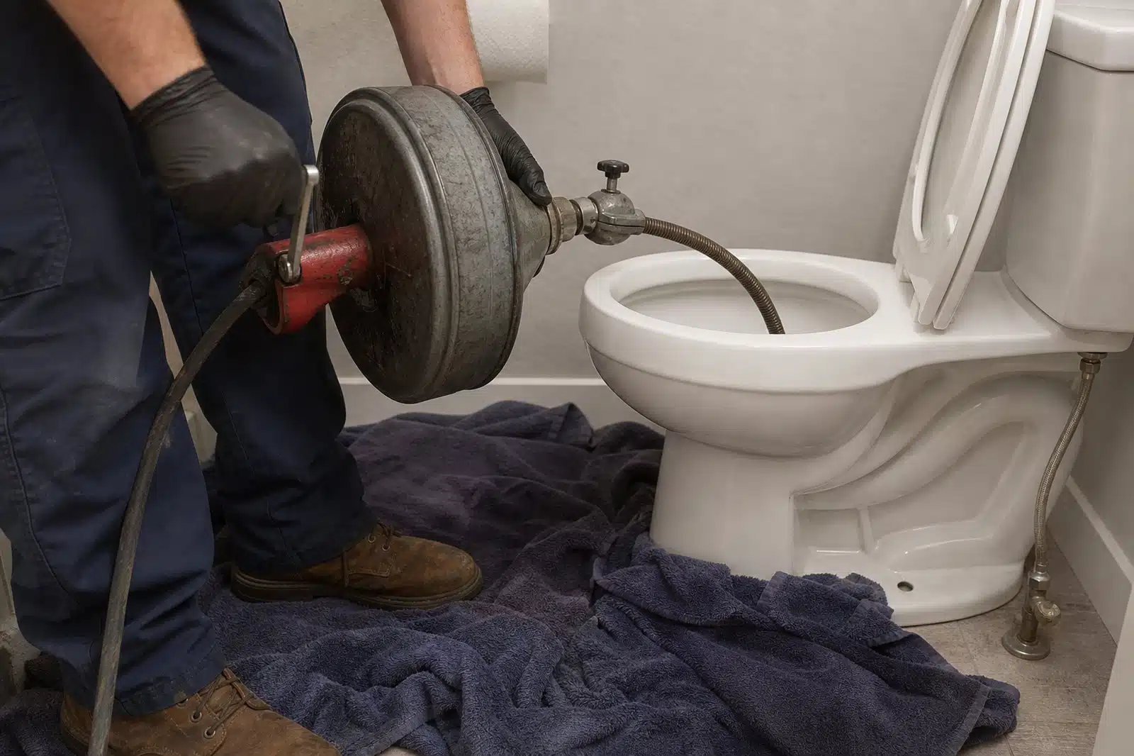 Gloved hands cranking a closet auger with its curved guide tube seated in a toilet bowl, towels spread across the bathroom floor.