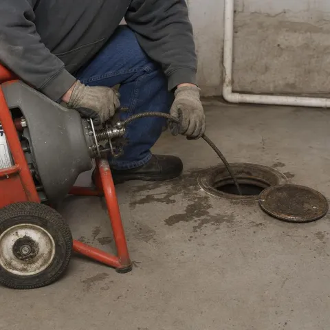 Rooter machine feeding a steel cable into a basement floor cleanout