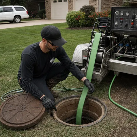 Technician running trenchless sewer repair equipment through a yard cleanout
