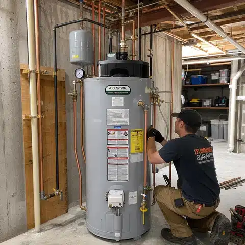 Plumber servicing a residential tank water heater in a basement
